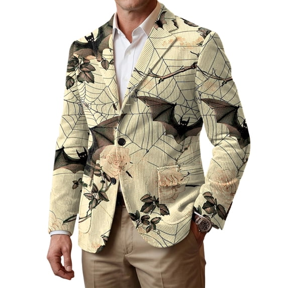 Delconic Mens Corduroy Blazer Halloween Print Single Breasted Sport Coat Notch Lapel Two Button Casual Business Jacket Tailored Fit Beige L