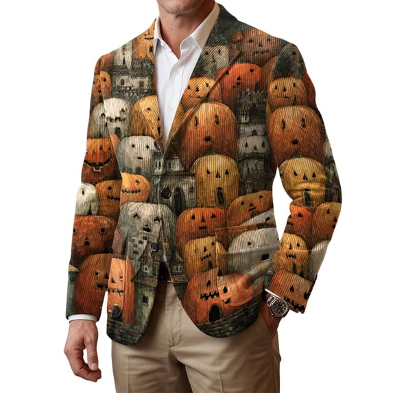 Leidass Mens Corduroy Blazer Halloween Print Single Breasted Sport Coat Notch Lapel Two Button Casual Business Jacket Tailored Fit Earthy Yellow M