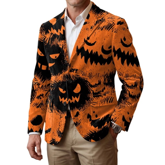 Delconic Mens Corduroy Blazer Halloween Print Single Breasted Sport Coat Notch Lapel Two Button Casual Business Jacket Tailored Fit Orange S