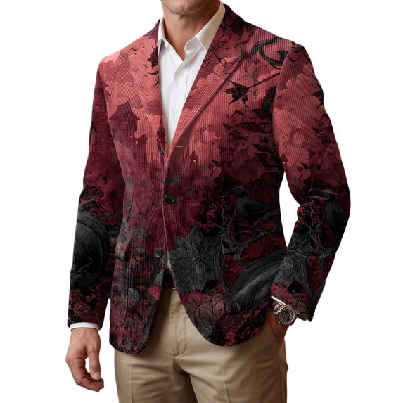 Leidass Mens Corduroy Blazer Halloween Print Single Breasted Sport Coat Notch Lapel Two Button Casual Business Jacket Tailored Fit Red 3XL