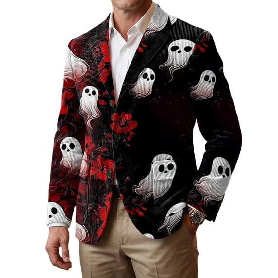 Delconic Mens Corduroy Blazer Halloween Print Sport Coat Casual Business Jacket Two Button Notch Lapel Tailored Fit Party Outerwear Red S