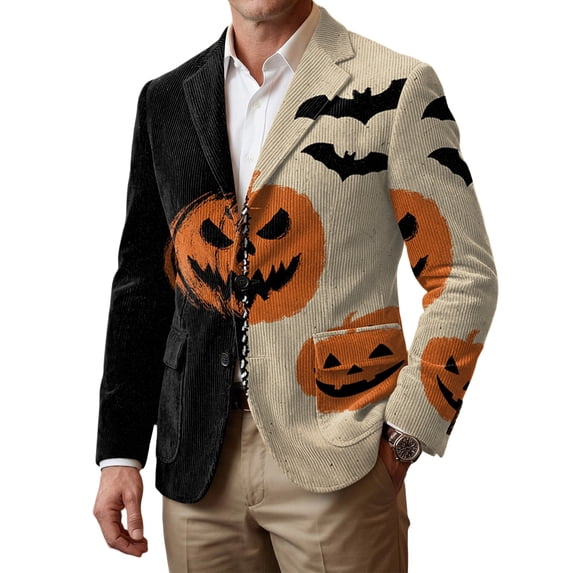 Delconic Mens Corduroy Blazer Halloween Print Sport Coat Single Breasted Notch Lapel Two Button Casual Business Jacket Beige L