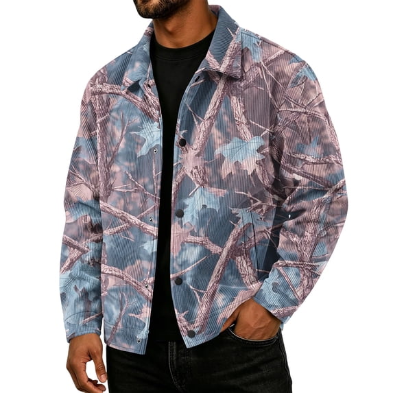Delconic Mens Corduroy Jacket Loose Fit Casual Turn Down Collar Long Sleeve Button Front Shirt Jacket Camouflage Print Top Pink XL