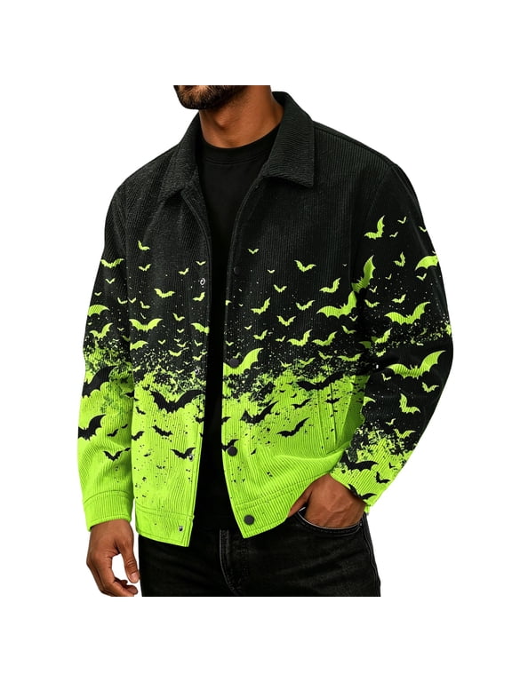 Mens Corduroy Jacket Loose Casual Turn Down Collar Long Sleeve Button Front Shirt Jacket Halloween Bat Print Outerwear Green S