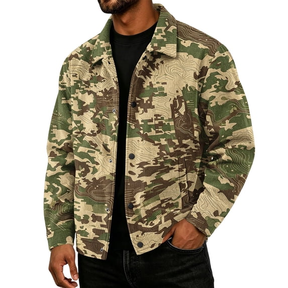 Delconic Mens Corduroy Jacket Loose Casual Turn Down Collar Long Sleeve Button Front Overshirt Camouflage Print Fall Winter Top Brown M