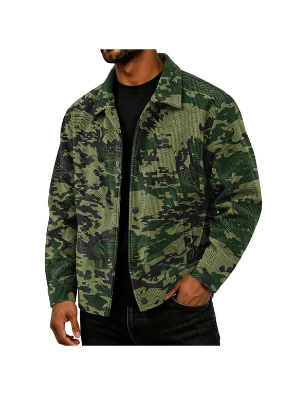 Mens Corduroy Jacket Loose Casual Turn Down Collar Long Sleeve Button Front Overshirt Camouflage Print Fall Winter Top Green 2XL