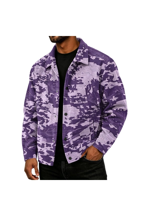 Mens Corduroy Jacket Loose Fit Casual Shirt Jacket Turn Down Collar Long Sleeve Button Front Camouflage Print Outerwear Purple 3XL