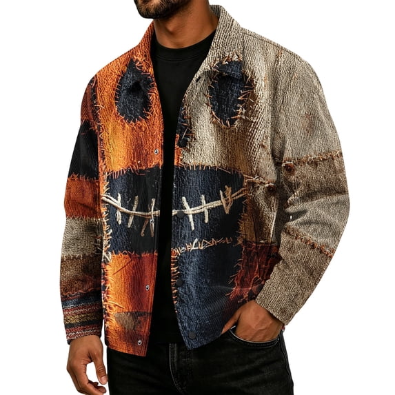 Delconic Mens Corduroy Jacket Loose Casual Turn Down Collar Long Sleeve Button Front Shirt Jacket Halloween Print Outerwear Top Saffron S