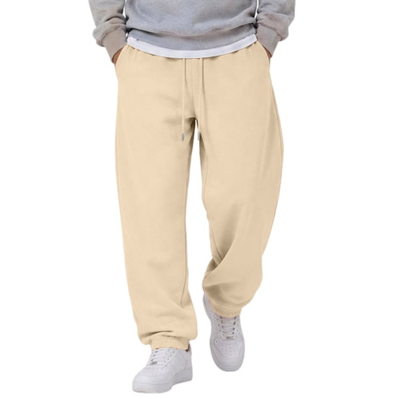 Leidass Mens Fleece Lined Jogger Sweatpants Elastic Drawstring Waist Cuffed Ankle Solid Casual Athletic Pants with Side Pockets Beige L