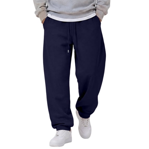 Leidass Mens Fleece Lined Jogger Sweatpants Elastic Drawstring Waist Cuffed Ankle Solid Casual Athletic Pants with Side Pockets Navy L