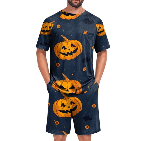 Leidass Mens Halloween Pajama Set Short Sleeve Sleepwear Lounge Set Crew Neck Tee and Shorts Casual Homewear Two Piece Outfit Green 2XL