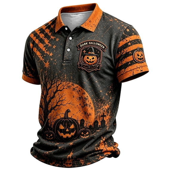 Leidass Mens Halloween Polo Shirt Short Sleeve Casual Collared Pullover with Button Gray M