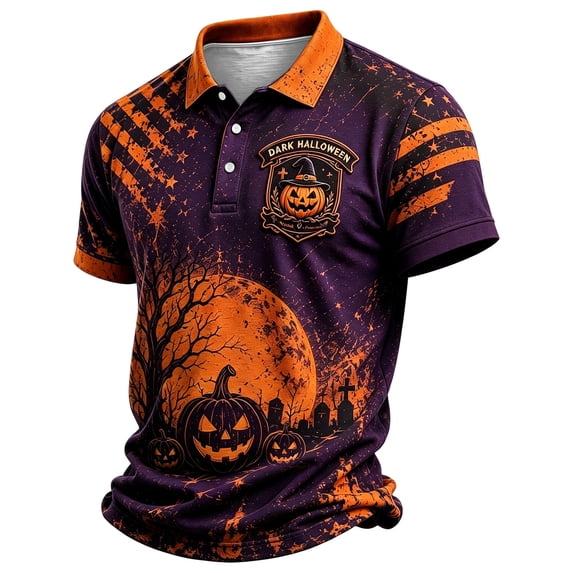 Leidass Mens Halloween Polo Shirt Short Sleeve Casual Collared Pullover with Button Purple 2XL
