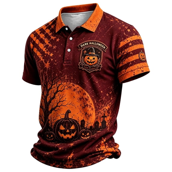 Leidass Mens Halloween Polo Shirt Short Sleeve Casual Collared Pullover with Button Wine XL