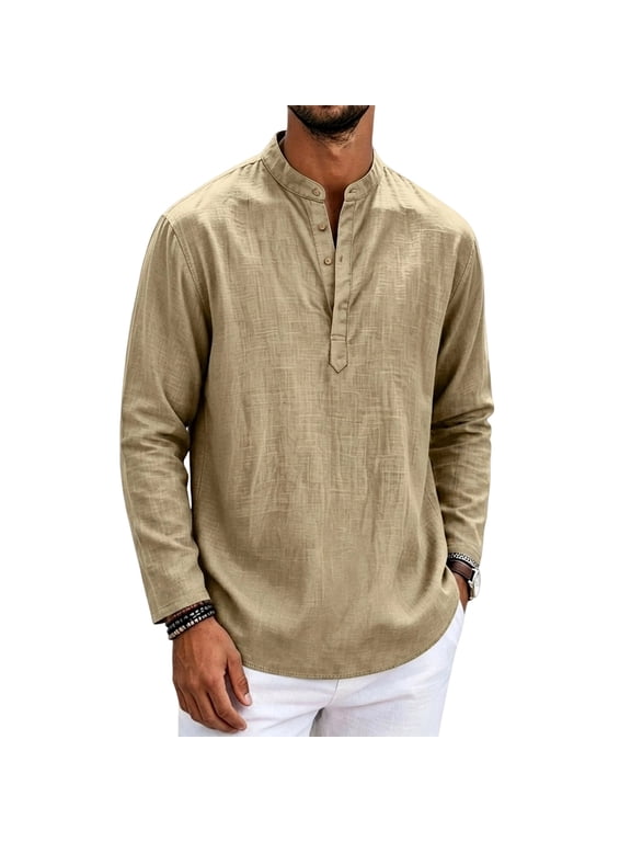 Mens Linen Cotton Henley Shirts Long Sleeve Shirts Casual Mandarin Collar Shirts Beach Hippie T Shirts Khaki M