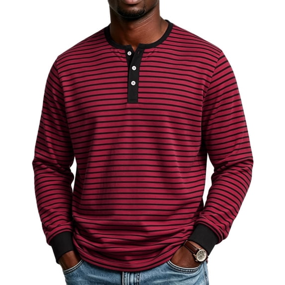 Leidass Mens Long Sleeve Contrasting Colors Striped Henley T-Shirt 3 Button V Neck for Men Daily Leisure And Casual Wear Scenario Red XL