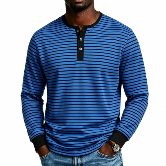 Leidass Mens Long Sleeve Contrasting Colors Striped Henley T-Shirt 3 Button V Neck for Men Daily Leisure And Casual Wear Scenario Royal Blue L