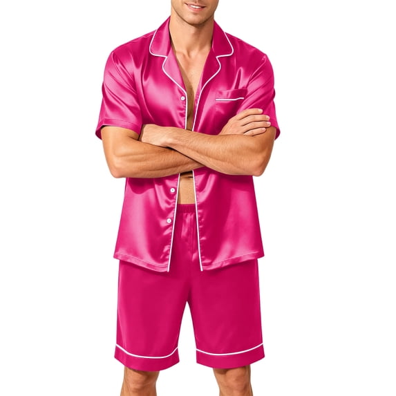 Leidass Mens Pajama Set Short Sleeve Button Down Sleepwear Set with Shorts Satin Lounge Set Notch Collar Pocket Hot Pink L