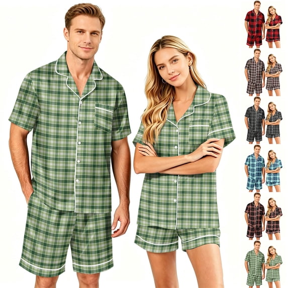 Leidass Mens Plaid Stripe Pajama Set Short Sleeve Button Down Sleepwear Set Relaxed Lounge Set With Matching Shorts For Home Red 2XL