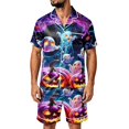 thumbnail image 1 of Leidass Mens Satin Pajama Set Halloween Print Short Sleeve Button Down Sleepwear Set with Shorts Pockets Loose Fit Loungewear Black L, 1 of 5