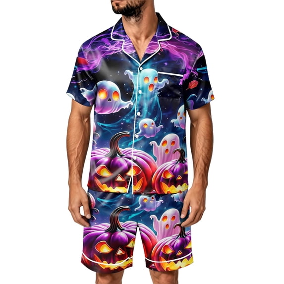 Leidass Mens Satin Pajama Set Halloween Print Short Sleeve Button Down Sleepwear Set with Shorts Pockets Loose Fit Loungewear Black L