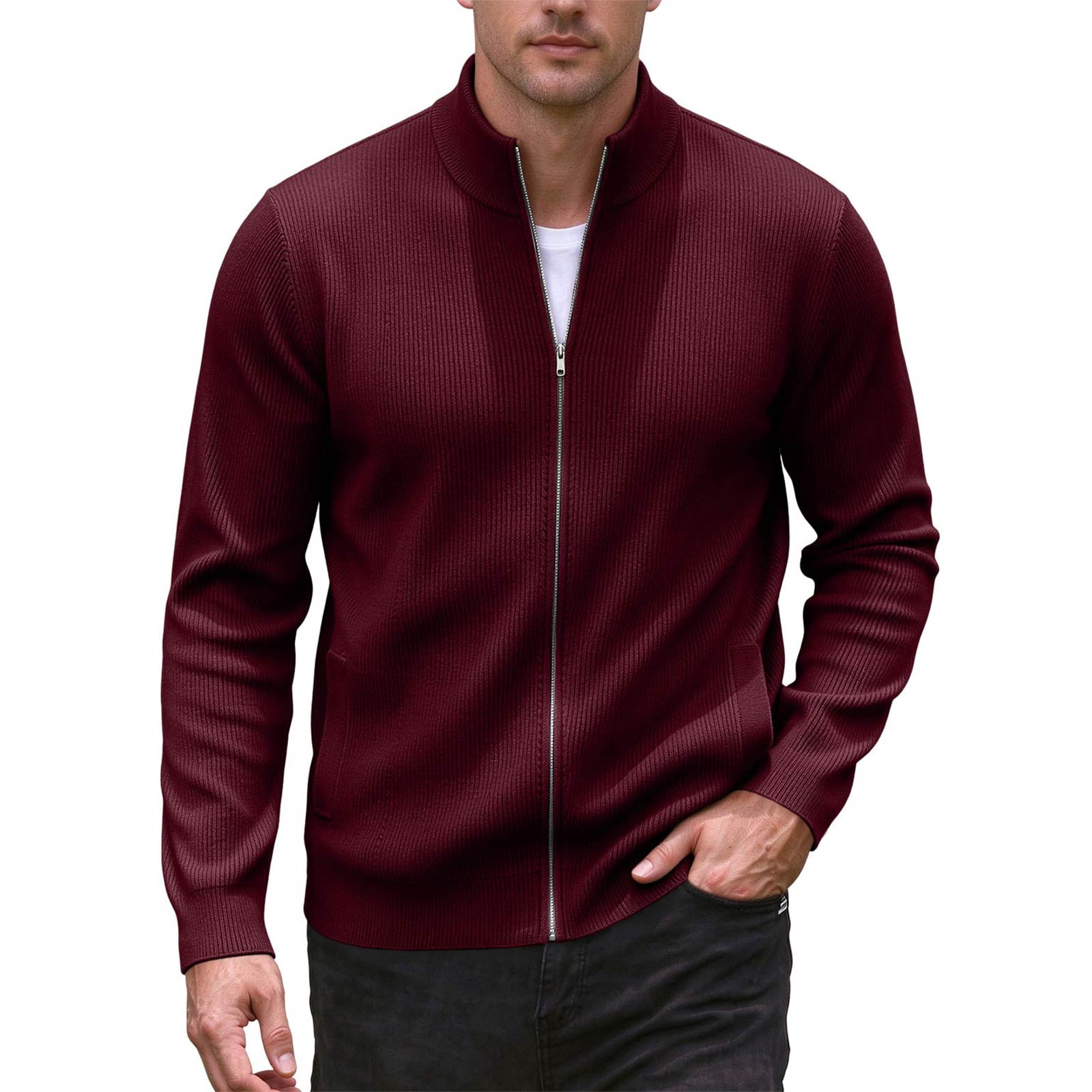 Wine Ribbed Knit Texture Leidass Mens Stand Collar Zip Up Knit Cardigan Ribbed Texture Solid ...