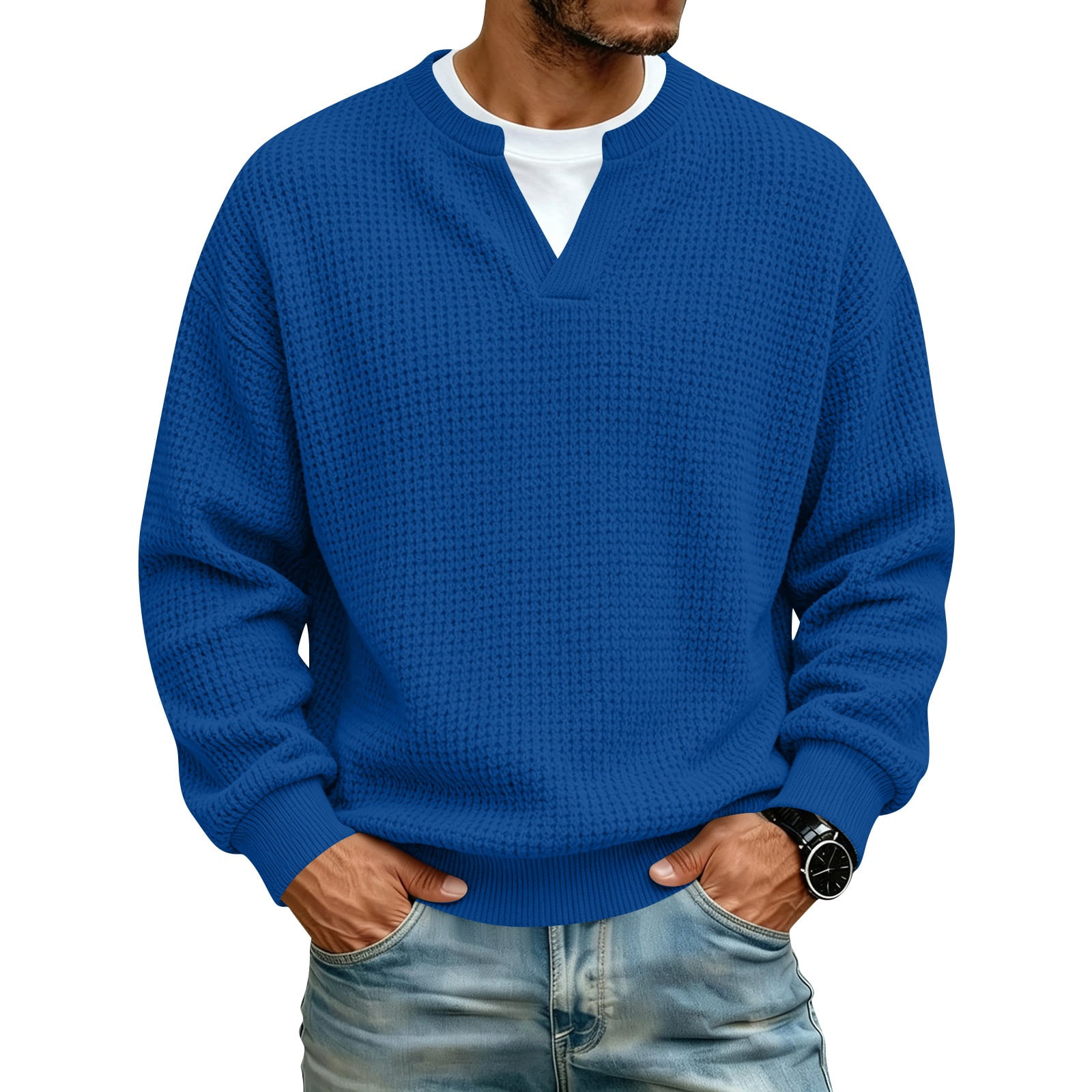 Leidass Mens Waffle Knit Split Neck Pullover Long Sleeve Regular Fit ...