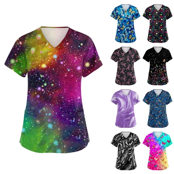 Leidass Printed Scrub Tops Women Short Sleeve V Neck Plus Size Scrubs for Womens Nursing Uniforms Shirts with Pockets Black L