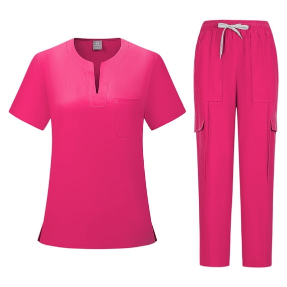 Leidass Scrubs for Women Set Stretchy Nurse Uniform Short Sleeve V Neck Scrub Top & Pants Solid Color Medical Scrub Sets with Multi Pockets Hot Pink L