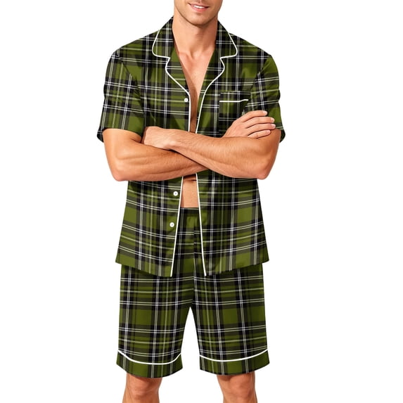 Leidass Short Sleeve Button Down Sleepwear Set for Men Pajama Set Lounge Set with Shorts Contrast Trim Relaxed Fit Green S