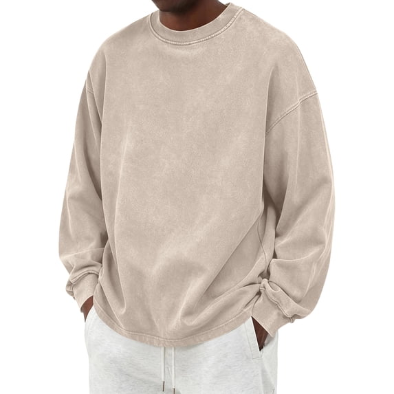 Leidass Sweatshirts for Men Vintage Boxy Fit Crewneck Ribbed Cuffs Long Sleeve Plain Casual Pullover Beige 3XL