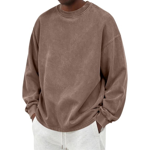 Leidass Sweatshirts for Men Vintage Boxy Fit Crewneck Ribbed Cuffs Long Sleeve Plain Casual Pullover Coffee XL