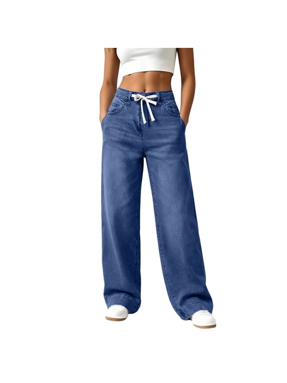 Women Loose Wide Leg Jeans High Waist Drawstring Waist Full Length Classic Casual Denim Pants Blue 2XL