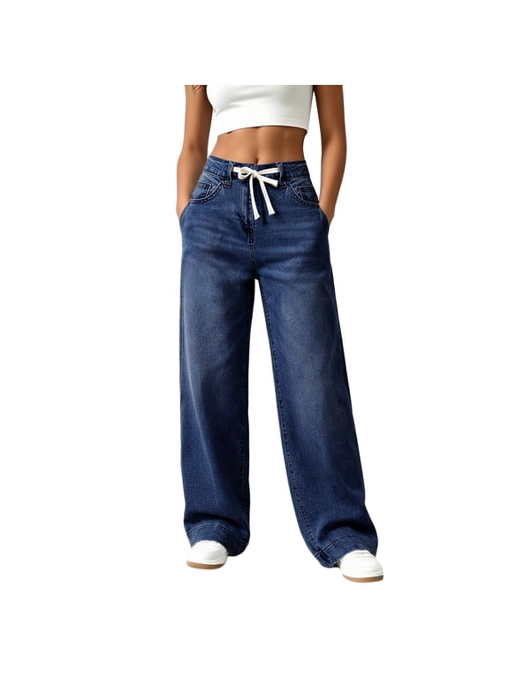 Women Loose Wide Leg Jeans High Waist Drawstring Waist Full Length Classic Casual Denim Pants Dark Blue M