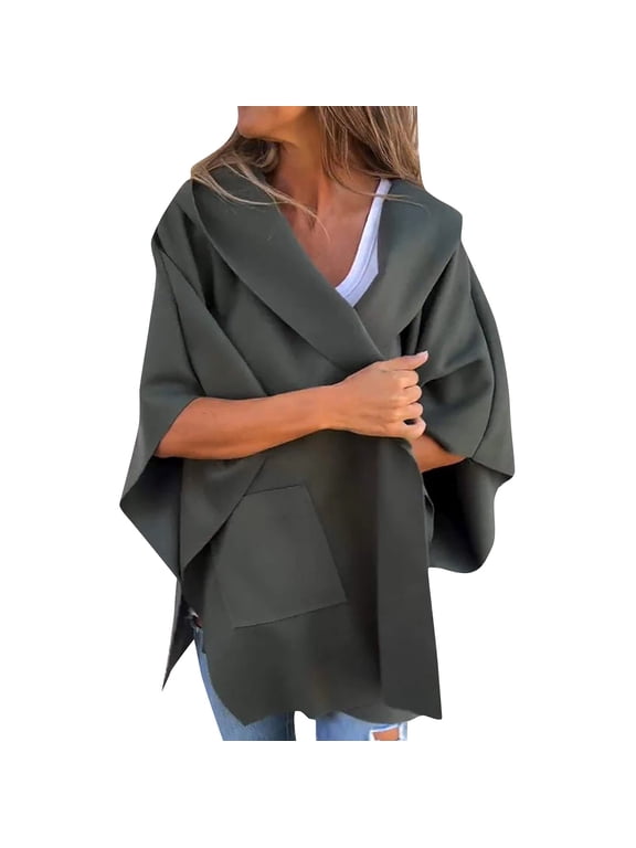 Women Poncho Jacket Cape Sleeve Shawl Neck Coat Casual Wrap Knit Open Front Cardigan Army Green M