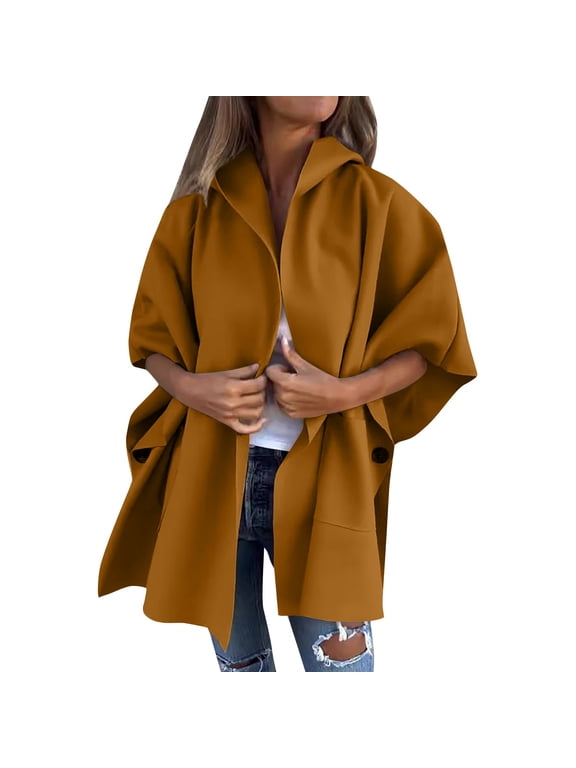 Women Poncho Jacket Cape Sleeve Shawl Neck Coat Casual Wrap Knit Open Front Cardigan Brown L