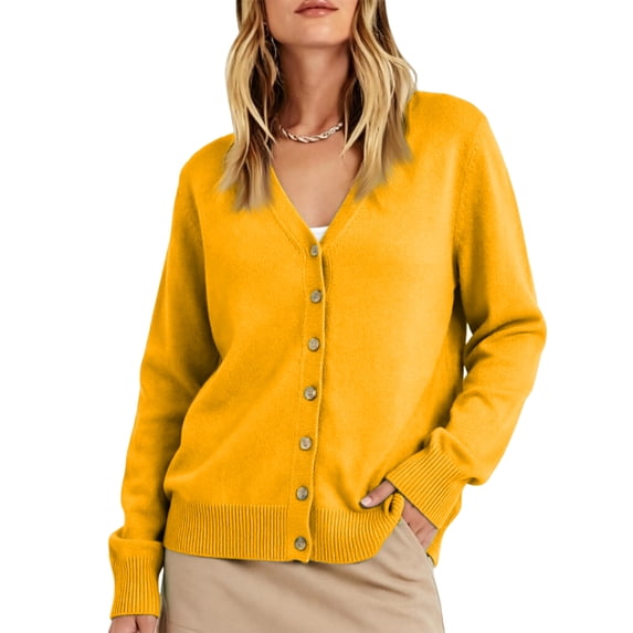 Leidass Women V Neck Button Front Knit Cardigan Long Sleeve Ribbed Trim Relaxed Fit Solid Casual Sweater Ginger S