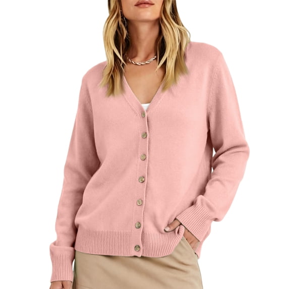 Leidass Women V Neck Button Front Knit Cardigan Long Sleeve Ribbed Trim Relaxed Fit Solid Casual Sweater Pink M