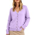 thumbnail image 1 of Leidass Women V Neck Button Front Knit Cardigan Long Sleeve Ribbed Trim Relaxed Fit Solid Casual Sweater Purple Pink M, 1 of 4