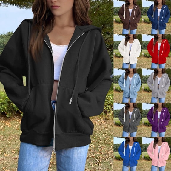Leidass Women Vintage 90s Solid Zipper Front Oversized Long Sleeve Sweatshirts Hoodies with Pockets Black L