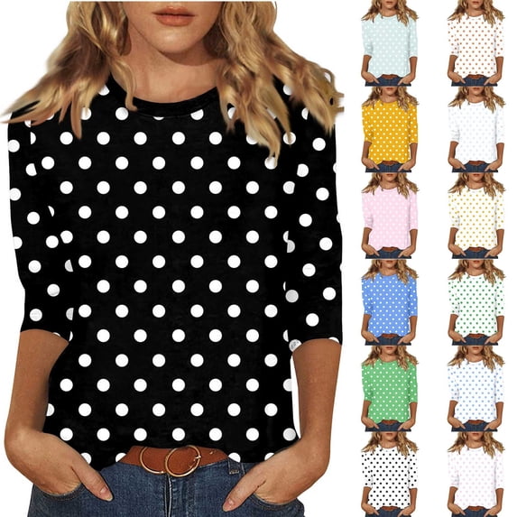 Leidass Women’s Crew Neck Polka Dot Print Long Sleeve Casual Loose Fit Top for Daily Wear and Comfortable Outfits Black L