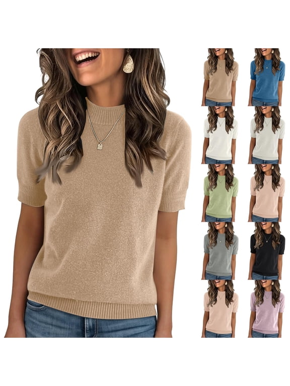 Women’s Short Sleeve Crew Neck Knit Top Soft Lightweight Pullover Sweater Ribbed Hem Casual Fit Simple Style White S