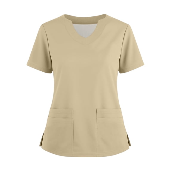 Leidass Women’s Short Sleeve V-Neck Scrub Top, Soft Stretch Medical Uniform Shirt with Pockets, Lightweight Nursing Workwear Beige L