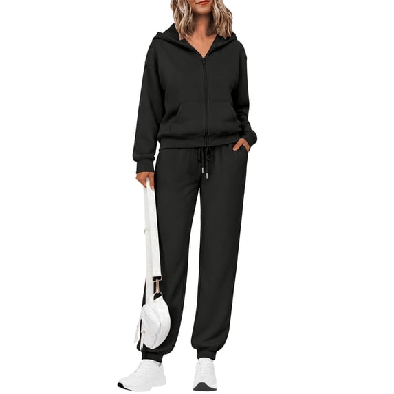 Leidass Womens 2 Piece Tracksuit Set Zip Up Hoodie and Jogger Pants Casual Lounge Set Long Sleeve Hooded Sweatshirt Black L