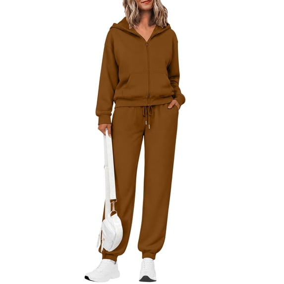 Leidass Womens 2 Piece Tracksuit Set Zip Up Hoodie and Jogger Pants Casual Lounge Set Long Sleeve Hooded Sweatshirt Coffee M