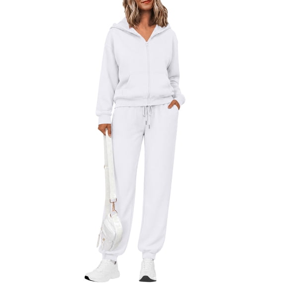 Leidass Womens 2 Piece Tracksuit Set Zip Up Hoodie and Jogger Pants Casual Lounge Set Long Sleeve Hooded Sweatshirt White XL