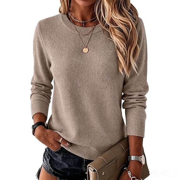 Leidass Womens Basic Crew Neck Sweater Long Sleeve Regular Fit Solid Knit Pullover For Fall Winter Khaki XL