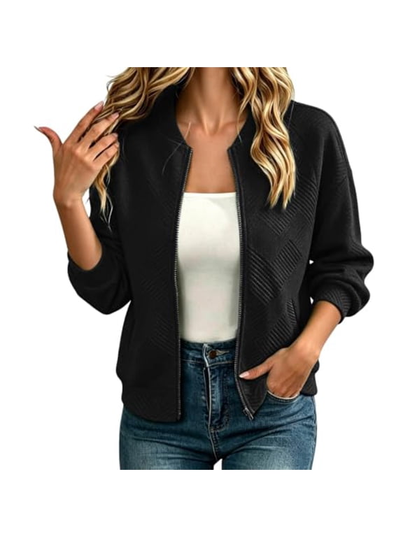 Womens Bomber Jacket 2026 Casual Stand Collar Zip Up Lightweight Coats Fall Outerwear Outfits with Pockets Black M