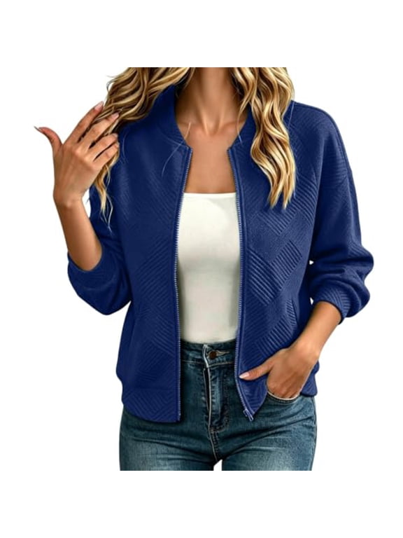 Womens Bomber Jacket 2026 Casual Stand Collar Zip Up Lightweight Coats Fall Outerwear Outfits with Pockets Blue 2XL