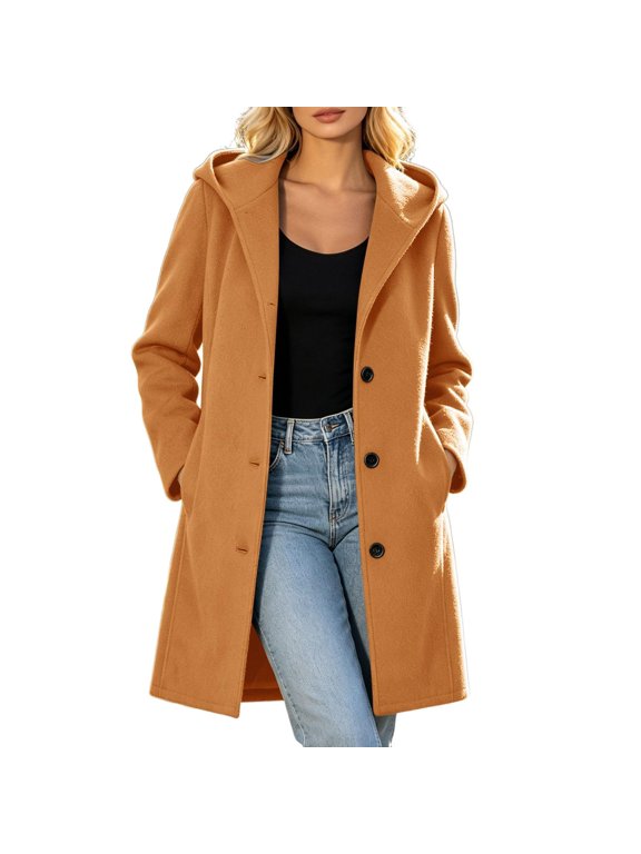 Womens Casual Hooded Wool Blend Coat Long Straight Cut Single Breasted Front Buttons Side Pockets Fall Winter Outerwear Ginger L